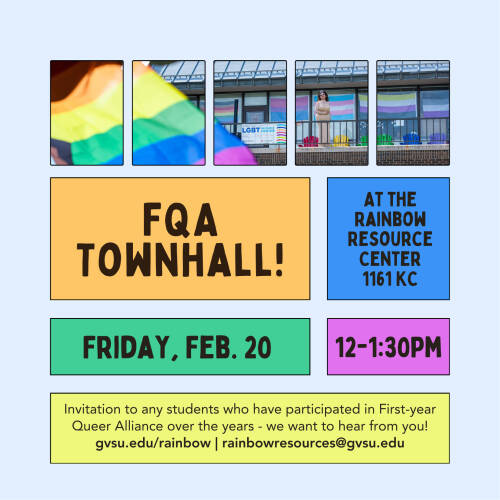 FQA townhall! Outside view of the Rainbow Resource Center patio with progress pride flag in foreground.